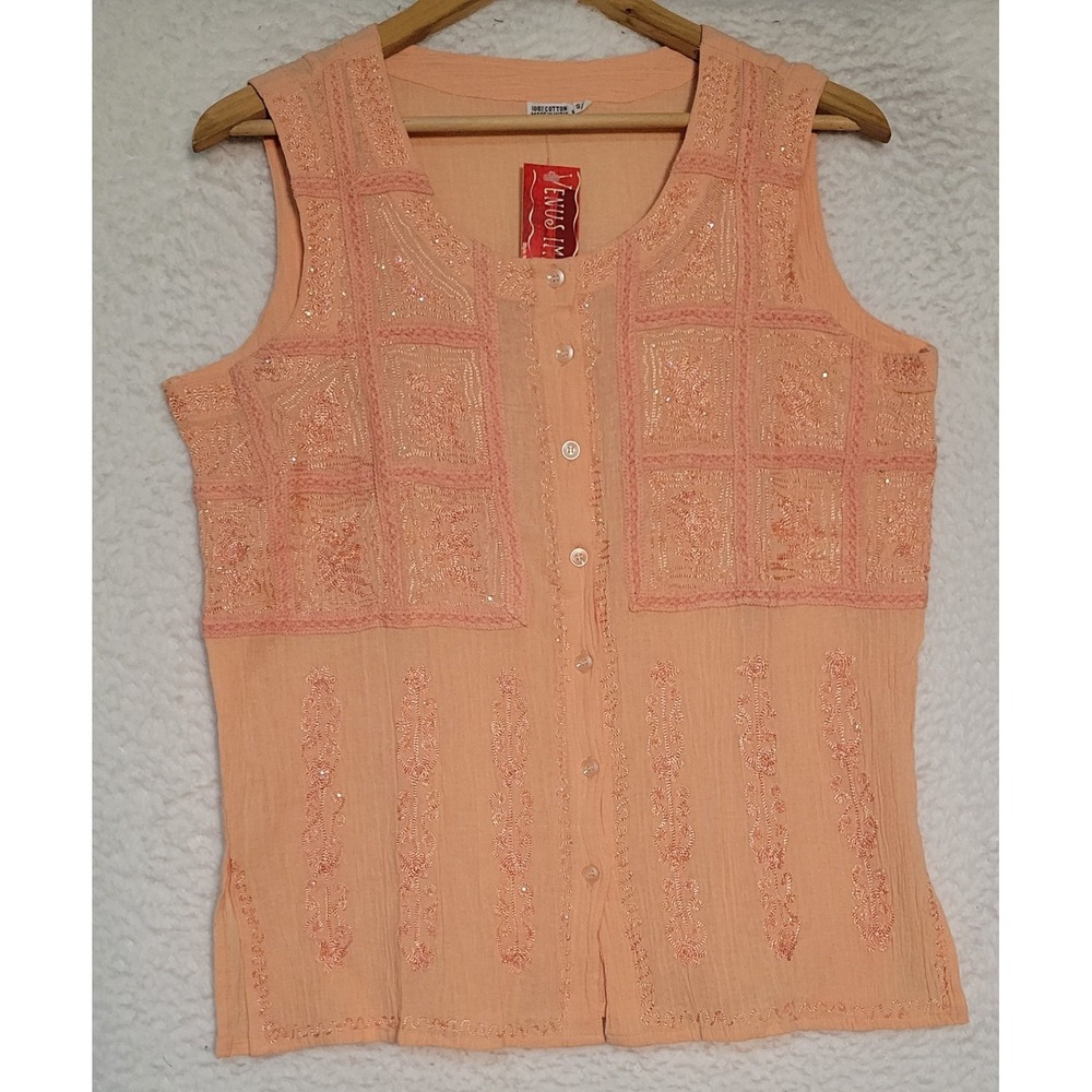 Venus Imports Sleeveless Embroidered Blouse NEW NWT Button Sequins Size S/M 1962